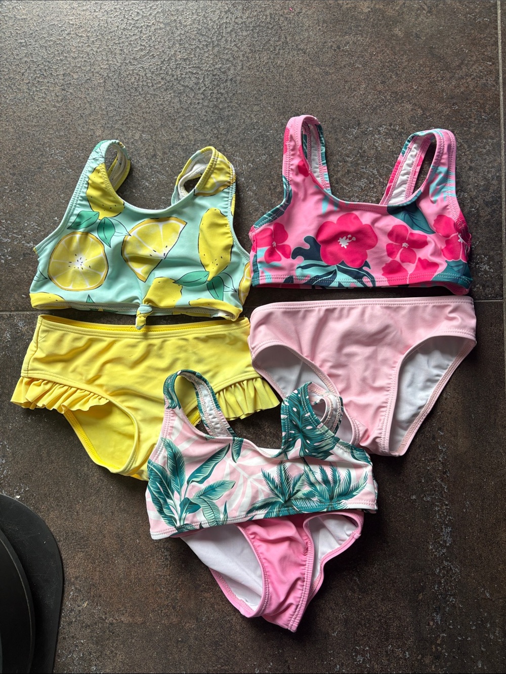 SHEIN Girls Yellow Lemon, Pink Floral & Mint Palm 3-Pack Swim Bikinis